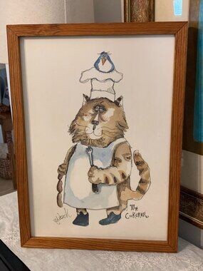 Vintage Artist Signed Framed Cat Illustration "The Cooker" Print by Don Nedobeck